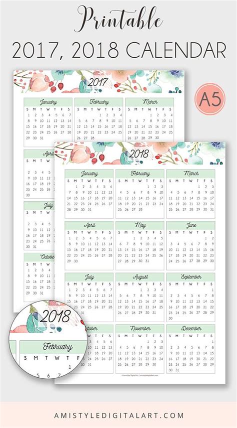 Printable Calendar 2017 2018 Embellished With Watercolor Floral