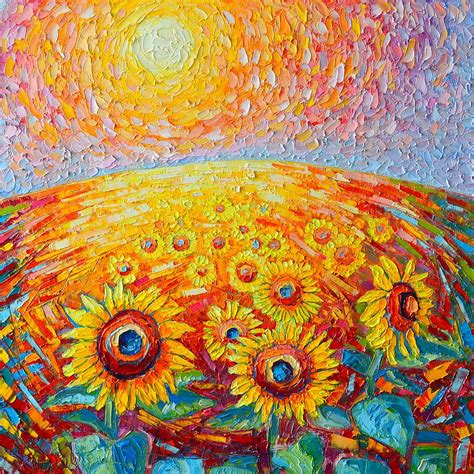 Fields Of Gold Abstract Landscape With Sunflowers In Sunrise Painting