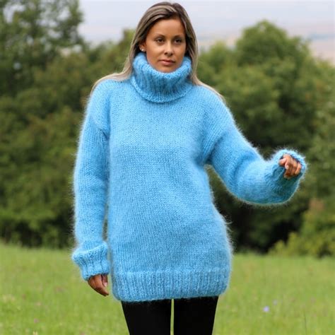 Hand Knitted Mohair Sweater Light Blue Fuzzy Turtleneck Jumper Etsy