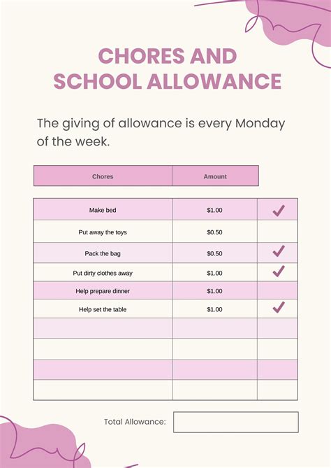 Kids Chore Allowance Chart Template In Illustrator Pdf Download