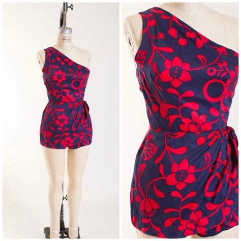 Vintage 1950s Swimsuit Navy Blue And Red Cotton Hawaiian 50s Vintage