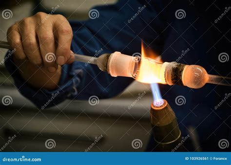 Glass Melting During Production Of Chemistry Glassware Stock Image