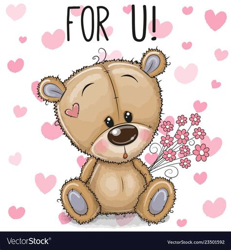 Cute Cartoon Teddy Bear With A Flowers Vector Image On Vectorstock