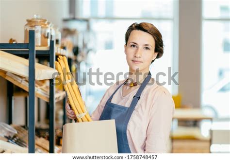 Portrait Smiling Shopkeeper Package Free Grocery Stock Photo 1758748457