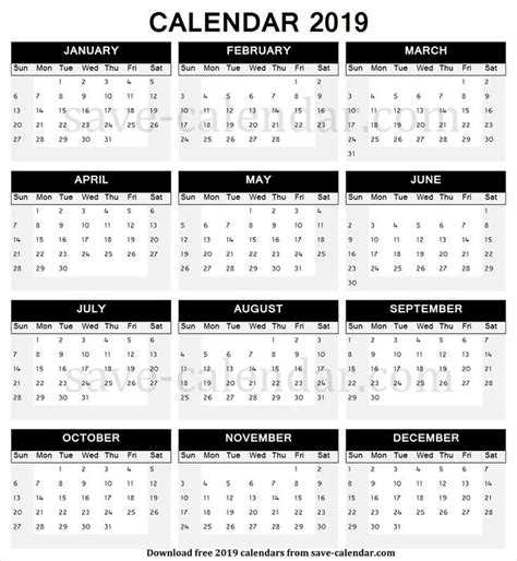 2019 Calendar Portrait Printable Monthly Calendar Calendar Calendar