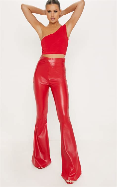 Red Faux Leather Flare Trouser Trousers Prettylittlething Ie
