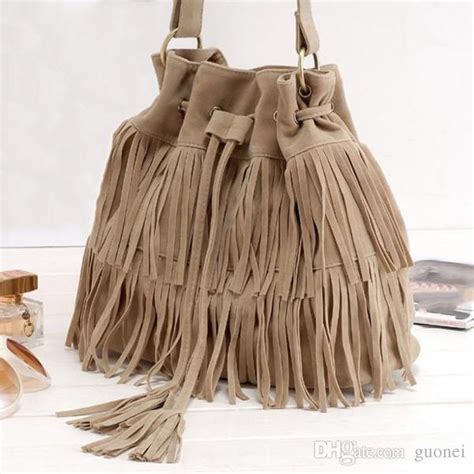 Boho Style Suede Drawstring Bucket Bag With Faux Fringe And Tassel