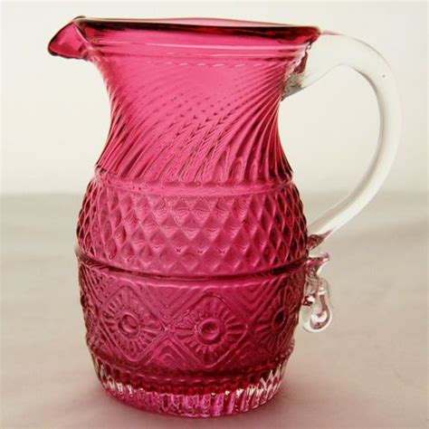 Vintage Cranberry Glass Pitcher Vase Hand Made Diamond Starburst Pattern Cranberry Glassware