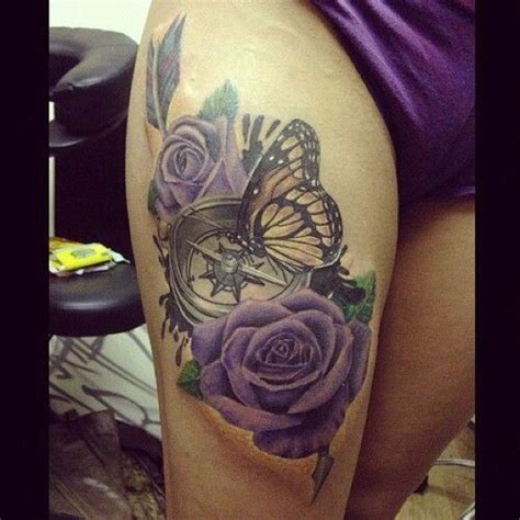 Rose Clock Butterfly Thigh Tattoo Tattoos Pinterest