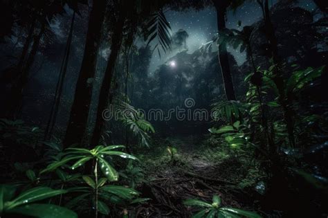 Dark Rainforest At Night With Only The Twinkling Of Stars Above And