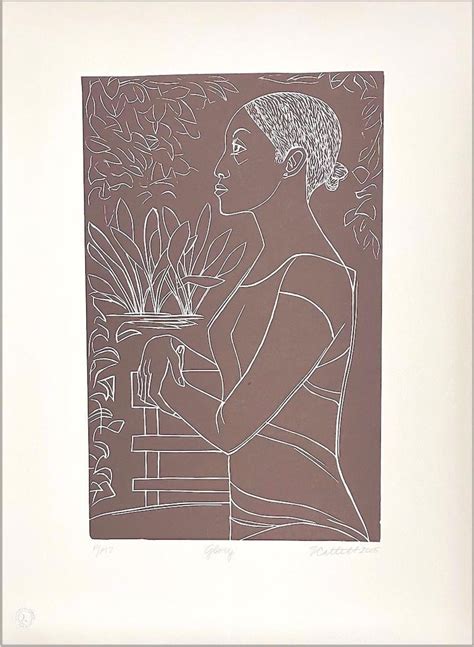 Elizabeth Catlett Glory Signed Linocut Black Woman Portrait White Line Drawing Brown Taupe
