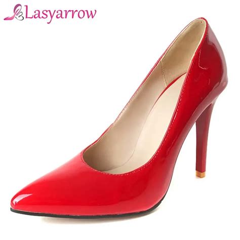 Lasyarrow Sexy Pointed Toe Shallow Stiletto Heels Women Patent Leather Dress Pumps Shoes