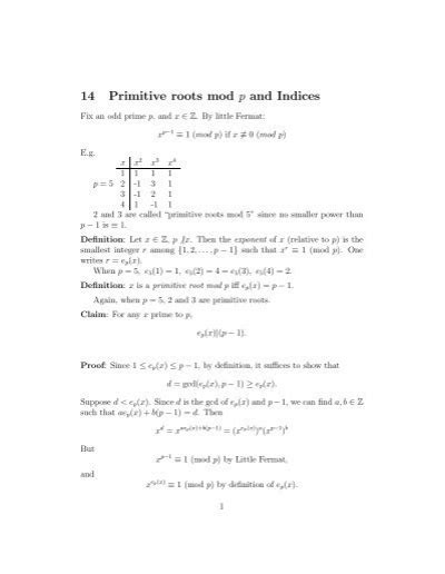 14 Primitive Roots Mod P And Indices