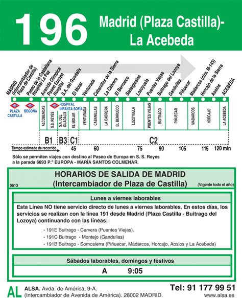 Horarios De Autobús 196 Madrid Plaza Castilla La Acebeda