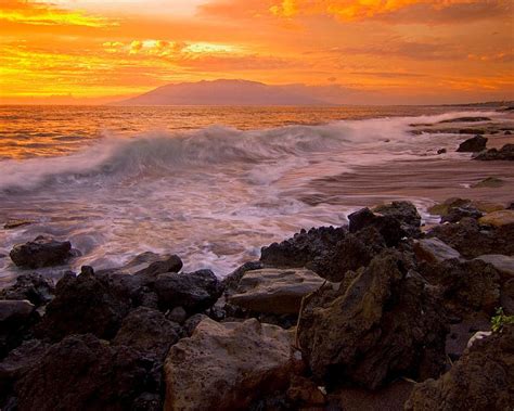 Makena Beach Maui Hawaii Rocks Sun Orange Ocean Yellow Sunset