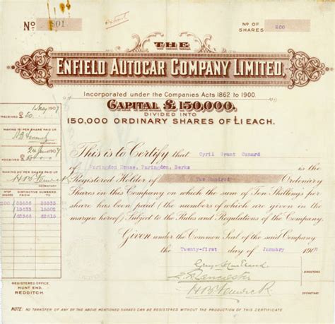 HWPH AG Historyczne papiery wartościowe Enfield Autocar Company Limited