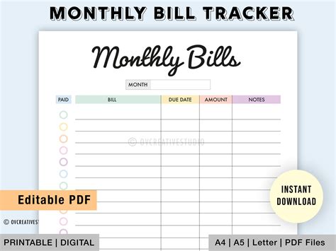 Editable Monthly Bill Tracker Bill Planner Monthly Bill Etsy Canada