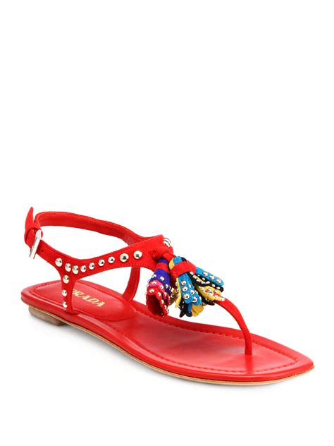 Prada Studded Suede Tassel Sandals In Red Rosso Red Lyst