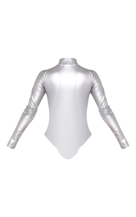 Silver Metallic High Neck Long Sleeve Bodysuit Prettylittlething Usa
