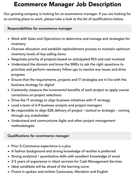 Ecommerce Manager Job Description  Velvet Jobs