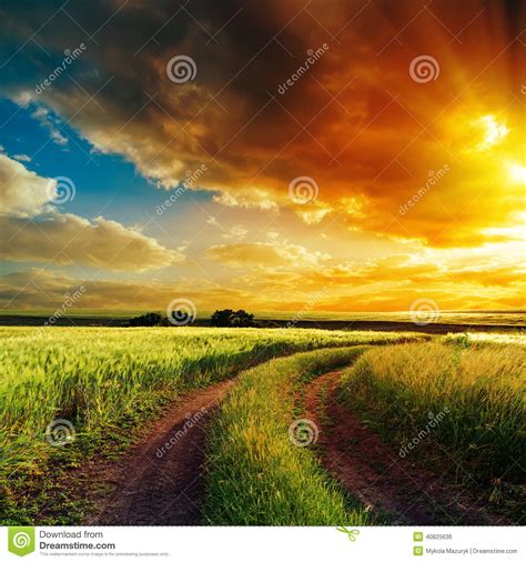 Sunset Over Winding Road In Field Stock Photo Image Of Dream Horizon