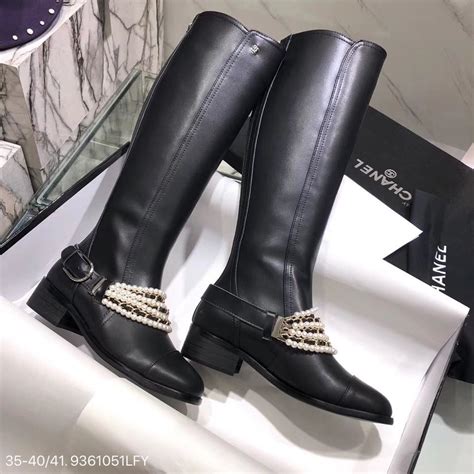 Chanel Woman Shoes Leather Knee High Long Boots With Pearls Chain