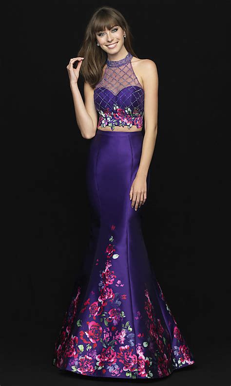 Long Two Piece Illusion Prom Dress With Floral Print In 2020 Illusion