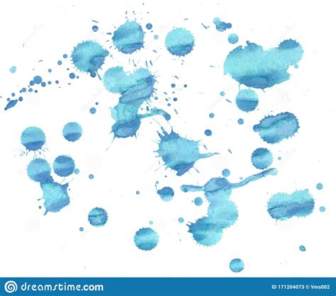Blue Drops Of Watercolor Paint On A White Background Blotches Stock