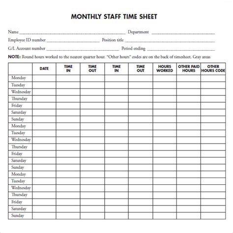 Monthly Timesheet Template 9 Free Samples Examples Format