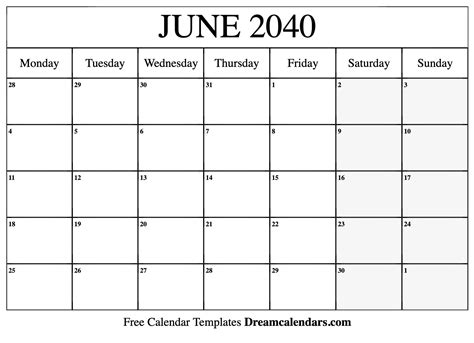 June 2040 Calendar Free Blank Printable Templates