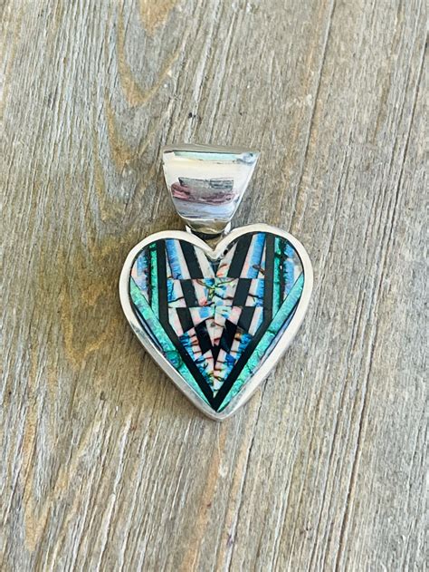 Navajo Multi Stone Sterling Silver Heart Inlay Pendant Etsy