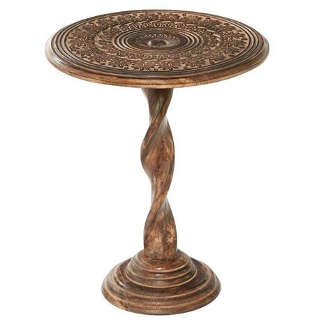 Traditional Mango Wood Carved Pedestal Accent Table Brown Olivia