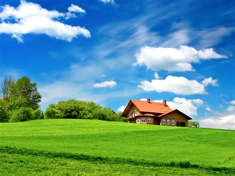 Scenery Fields Houses Clouds Mansion Grass Hd Wallpaper Rare