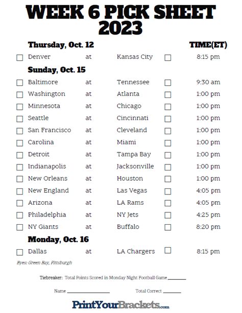 Nfl Week 6 Schedule Printable