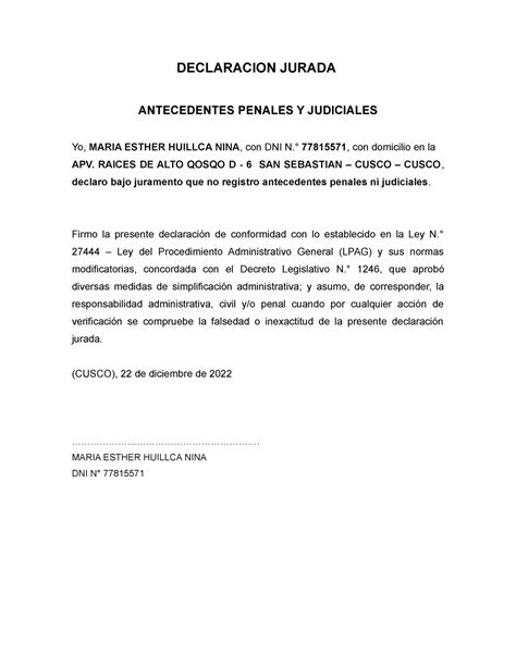 Declaracion Jurada Declaracion Jurada Antecedentes Penales Y Judiciales Yo Maria Esther