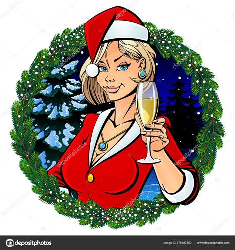 sexy christmas girl santa claus glass champagne frame spruce branches stock vector by ©comsorg