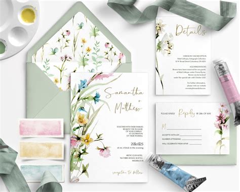 Wildflowers Wedding Invitation Set Template With Wild Herbs Etsy