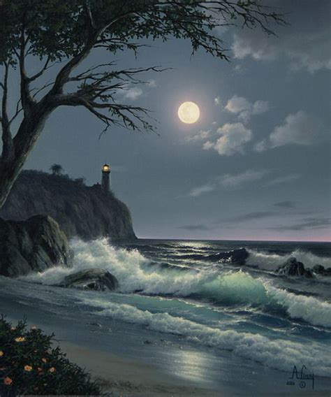 Clouds Dark Lighthouse Moon Moonlight Nature Night Ocean Rock