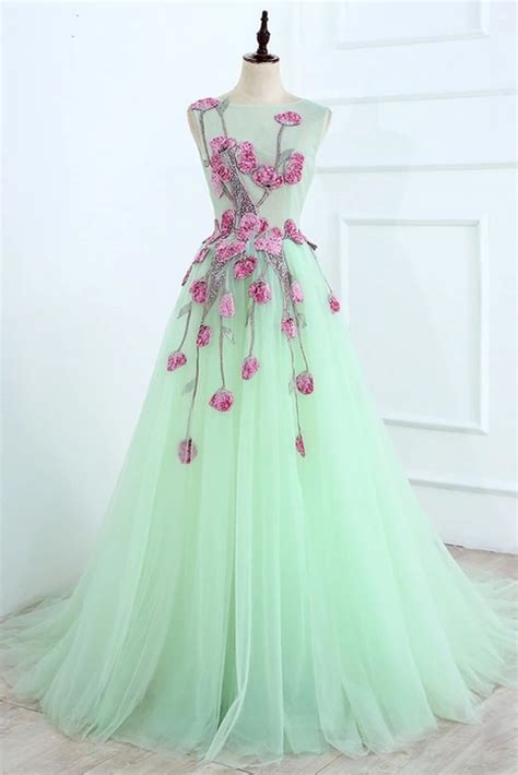 Exquisite A Line Tulle Mint Green Prom Dress With Fuchsia 3d Appliques