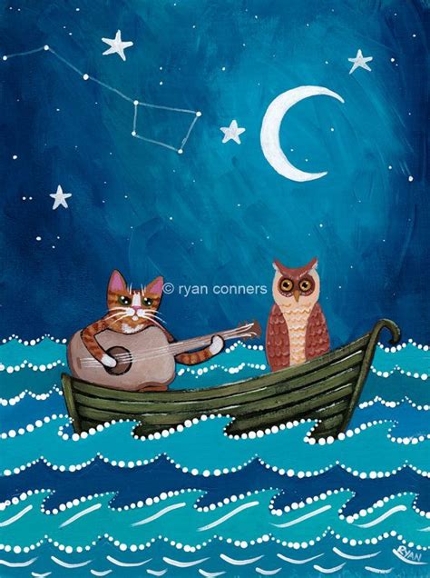 The Owl And The Pussycat Original Cat Folk Art Painting By Kilkennycatart Folk Art Cat Mini