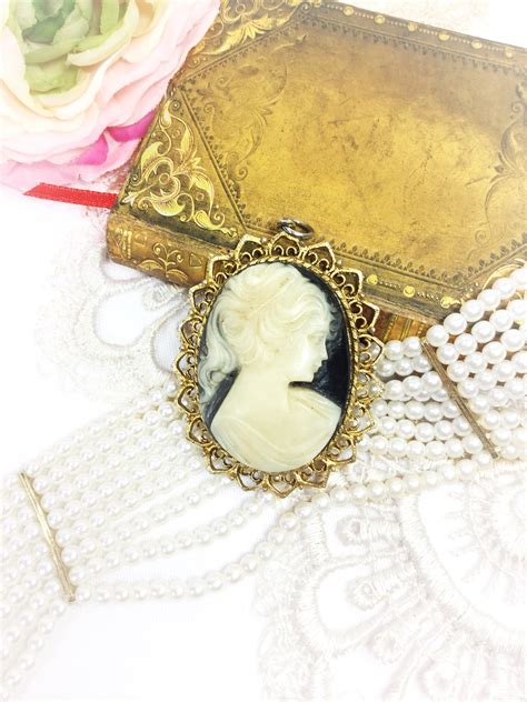 Large Vintage Black Cameo Pendant With Gold Accents Cameo Jewelry