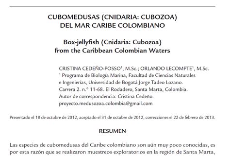 Cubomedusas Cnidaria Cubozoa Del Mar Caribe Colombiano Hdl20500