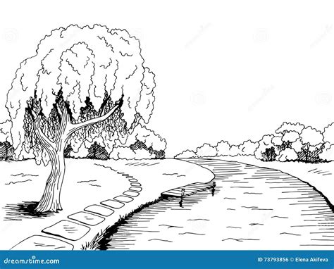 Park River Willow Tree Graphic Art Black White Landscape Sketch
