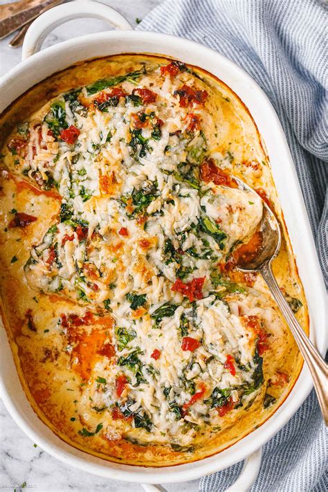 creamy chicken breast bake recipe with spinach and sun dried tomatoes chicken breast bake