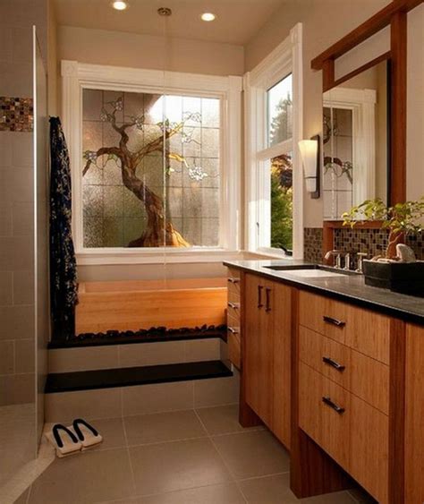 Bathroom Beautiful Stained Glass Window And Wooden Vanity Furniture