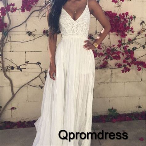 Sexy V Neck White Lace Backless Log Pleated Prom Dress