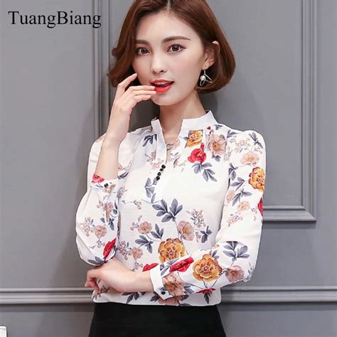 Korea Print Rose 2019 Women Spring Full Sleeve Chiffon Shirts Female