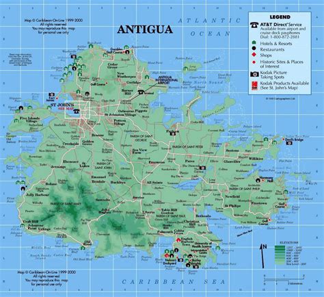 Подробная туристическая карта и карта высот Антигуа с другими пометками Антигуа и Барбуда