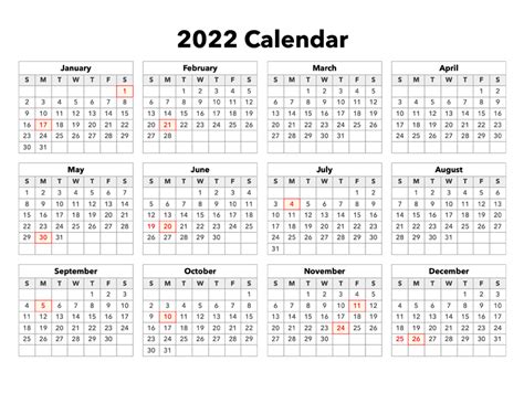 2022 Year Calendar With Holidays Printable