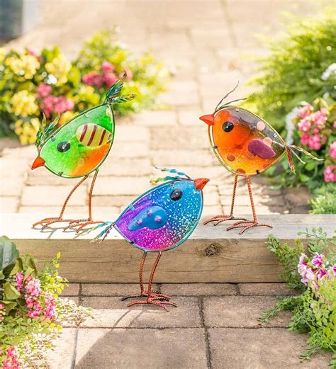 Indoor Outdoor Metal And Colorful Iridescent Glass Bird Statues Set Of 3 Wind And Weather